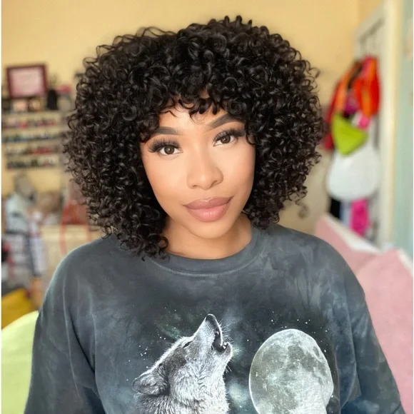 Curly Bob Wig With Bangs Quick Wear And Go Glueless Human Hair Wigs 180% Density